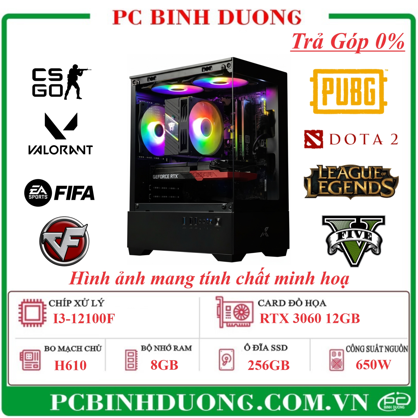 PC Gaming Megumin H610/I3-12100F/8GB/256GB/RTX3060-12GB/650W